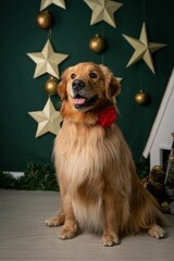 Cute Golden Retriever with a rose collar posing in front of a golden Christmas bulb wall