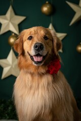 Close up of a fluffy Golden Retriever with a rose collar posing in front of a Christmas bulb wall