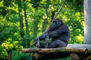 Naklejka premium Closeup of an ape sitting on a wooden platform