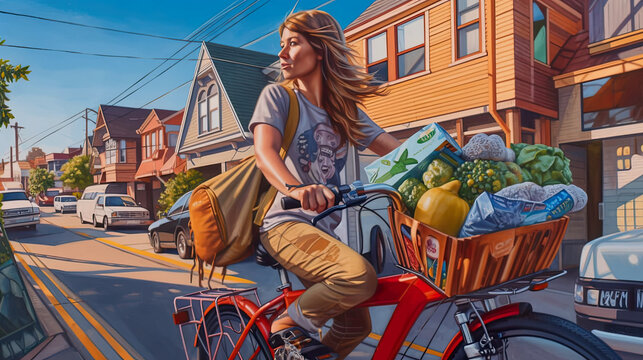 Woman on a cargo bike with lots of boxes, parcels and groceries cycles on a bike only street, AI generative illustration of low impact lifestyle