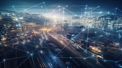 Modern System transportation and logistic import export and transport industry of truck container cargo ship and cargo plane with working crane bridge in shipyard at sunset sky. Generative AI