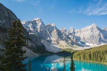 Fototapeta na wymiar Beautiful view of Moraine Lake with mountains. Banff National Park, Alberta, Canada.