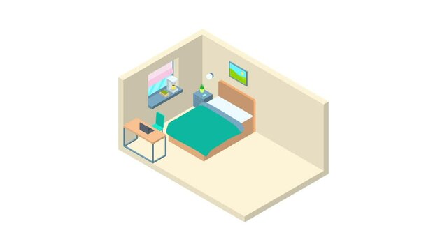Hotel Room Interior Inside with Furniture Concept 3d Isometric View Style Include of Bed and Table Animation Effect