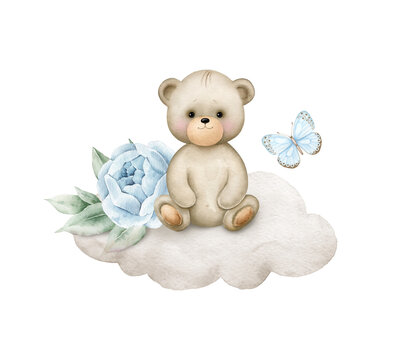 A cute teddy bear with a blue flower sitting on a cloud.