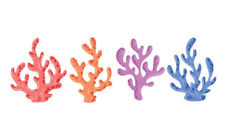 Coral reef underwater plants. Aquarium, ocean and undersea decoration isolated on white background. Cartoon vector illustration