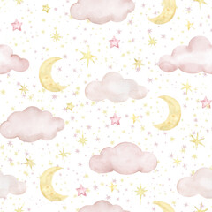 Cute seamless pattern with night sky,clouds,moon,stars. - 593345589