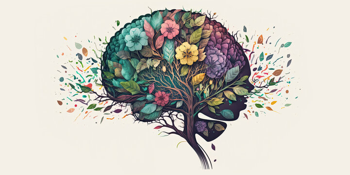 Human face tree with flowers, self care and mental health concept, positive thinking, creative mind illustration. Generative AI
