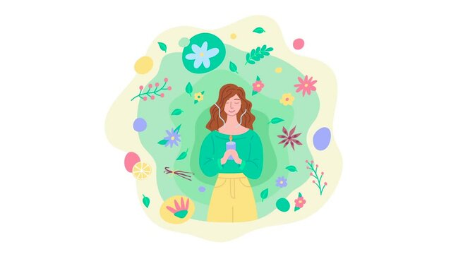 Cartoon Color Character Woman Relaxing Aromatherapy Concept Flat Design Style Animation Effect. illustration of Girl Standing with Candle