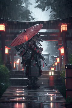 Striking anime-style virtual idol, vtuber, or digital character, mecha cyborg under rain with umbrella, AI generative