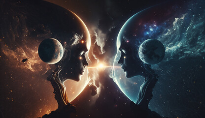 AI Generated Two entities communicating between the astral planes of the multiverse's star systems and planets