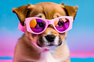 Puppy with pink sunglasses and purple Background. Generative AI