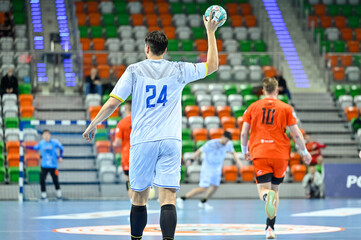 Handball player with ball during handball match. - obrazy, fototapety, plakaty