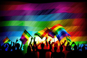 Fototapeta na wymiar Gay pride parade, people having fun at equality march or lgbt gay parade, illustration, AI generated