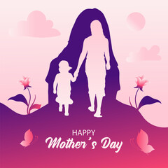 Fototapeta na wymiar Mother's Day Flat Vector Illustration With Mom and Kid For Social Media Post Cards And Banner