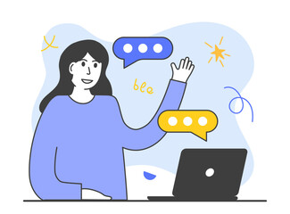 Online chat scene. Young woman with laptop talk on business chat. Online conference. Service help scene. Friends talking online. Vector illustration in flat style