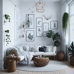 modern white cozy living room with plants