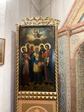 Moscow, Russia, March, 19, 2023.I con with Saints Florus, Tatiana, Maria, Elizabeth, Xenia, Lavr in the church of the Beheading of the Head of John the Baptist in Dyakovo. Kolomenskoye, Moscow