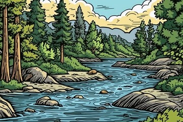 River and Trees in a Summer Setting with a Beach. Generative AI