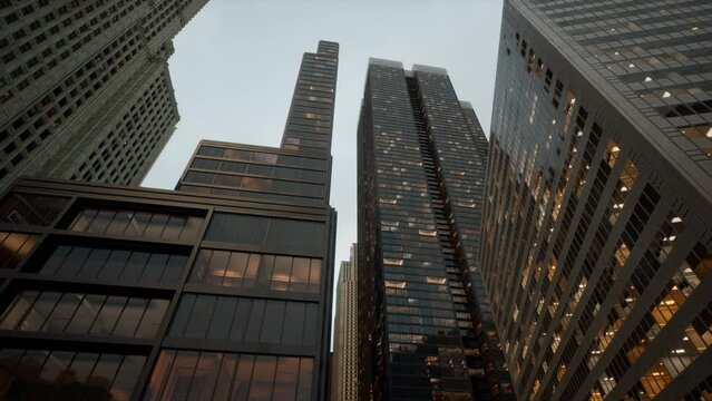 Looking directly up at the skyline of the financial district
