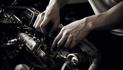 Fototapeta na wymiar Closeup of a mechanic working on the engine of the car in the garage - generative ai