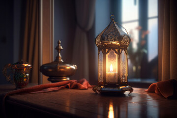A group of colorful Ramadan lanterns arranged on a table, casting a warm and vibrant glow on the surrounding area. Perfect for festive themes. AI Generative.