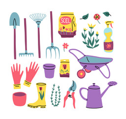 Cartoon Color Cute Garden Elements Icons Set Flat Design Style Include of Flower, Shovel, Flowerpot and Glove. Vector illustration