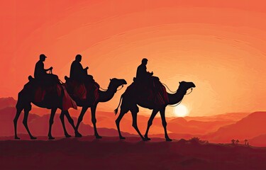 Silhouettes of camel caravan in the Sahara desert at sunset - generative ai