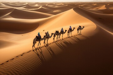 Camel caravan with people going through the sand dunes in the Sahara Desert - generative ai