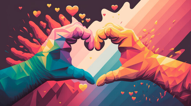 Two hands join together to form a heart-shaped silhouette in vibrant rainbow colors, representing love within the LGBTQ+ community. Vibrant illustration hands forming a heart shape. Generative AI.
