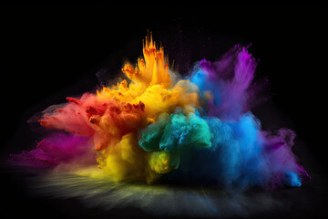 Colorful rainbow holi paint color powder explosion on dark background. Generative AI
