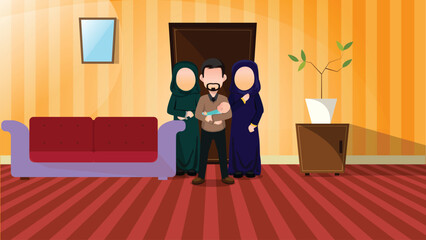 Muslim husband and two of his husbands and baby - vector - illustration 