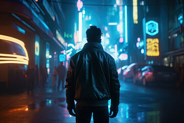 A man stands in a cyberpunk city. Empty street with bright neon lights reflecting in a water. Generative AI
