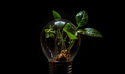 Fototapeta na wymiar a plant in a light bulb with a black background and a reflection on the ground with a black background and a black background with a black background. generative ai