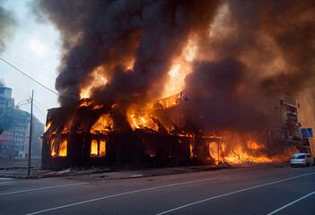 burning building gas explosion or city during the war, generative AI
