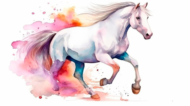 watercolor, a beautiful white stallion, playful AND delightful

