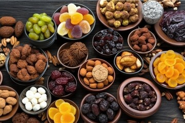 Eastern specialties with fruit and dates on a black table. Generative AI
