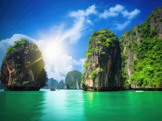 Plakat Beautiful nature landscape, Coastal Scenery of a Popular Tourism Destination for Summer Vacation in Southeast Asia - generative ai