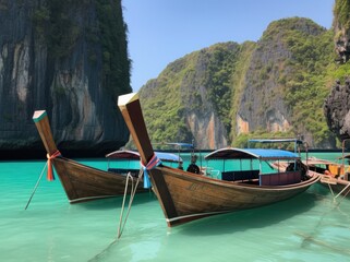 Plakat Thailand traditional wooden longtail boat on a small island beach - generative ai