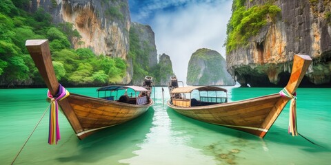 Thailand traditional wooden longtail boat on a small island beach - generative ai