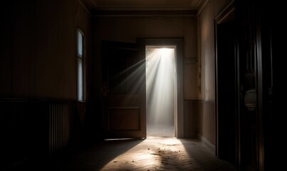 Obraz premium a doorway with a light coming through it and a light coming in from the door on the right side of the door is a bright light coming through the door. generative ai
