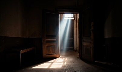  an open door with a light coming through it in a dark room with sunlight coming through the door and the light coming through the door.  generative ai
