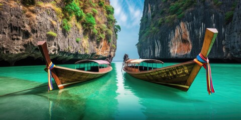 Thailand traditional wooden longtail boat on a small island beach - generative ai - obrazy, fototapety, plakaty