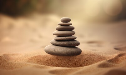  a stack of rocks sitting on top of a sandy beach next to a blurry background of sand and trees in the distance with a soft focus.  generative ai