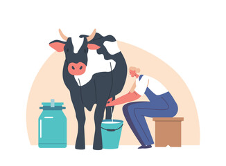 Farmer Female Character Sits On A Stool Next To The Cow, Skillfully Milking Into The Bucket. Woman Working On Livestock