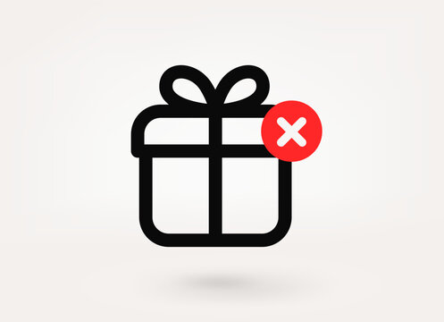 Gift box pictogram with ban mark. 3d vector icon