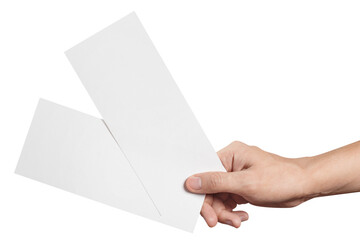 Male hand holding two blank sheets of paper (tickets, flyers, invitations, coupons, banknotes, etc.), cut out - obrazy, fototapety, plakaty