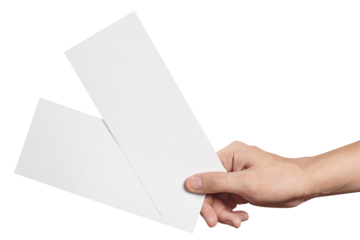 Male hand holding two blank sheets of paper (tickets, flyers, invitations, coupons, banknotes, etc.), cut out