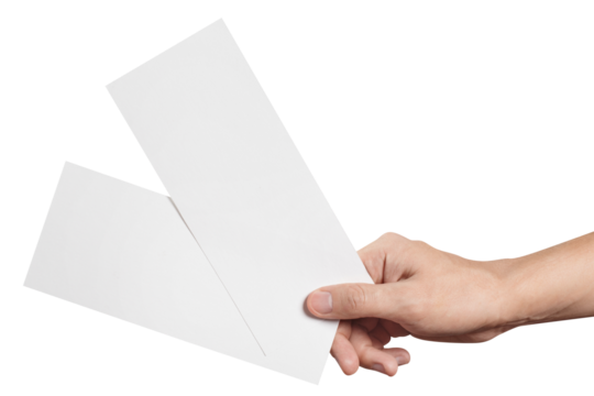 Male hand holding two blank sheets of paper (tickets, flyers, invitations, coupons, banknotes, etc.), cut out - Powered by Adobe