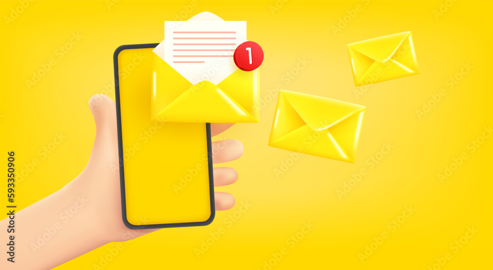 Aufkleber Man holding smartphone with new messages. 3d vector banner with copy space