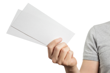 Male hand holding two blank sheets of paper (tickets, flyers, invitations, coupons, banknotes, etc.), cut out